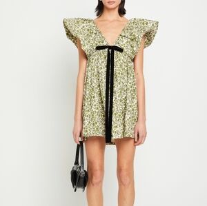 O.P.T Didi Cotton Babydoll Ruffle Sleeve Deep V Mini Dress Green Floral Small